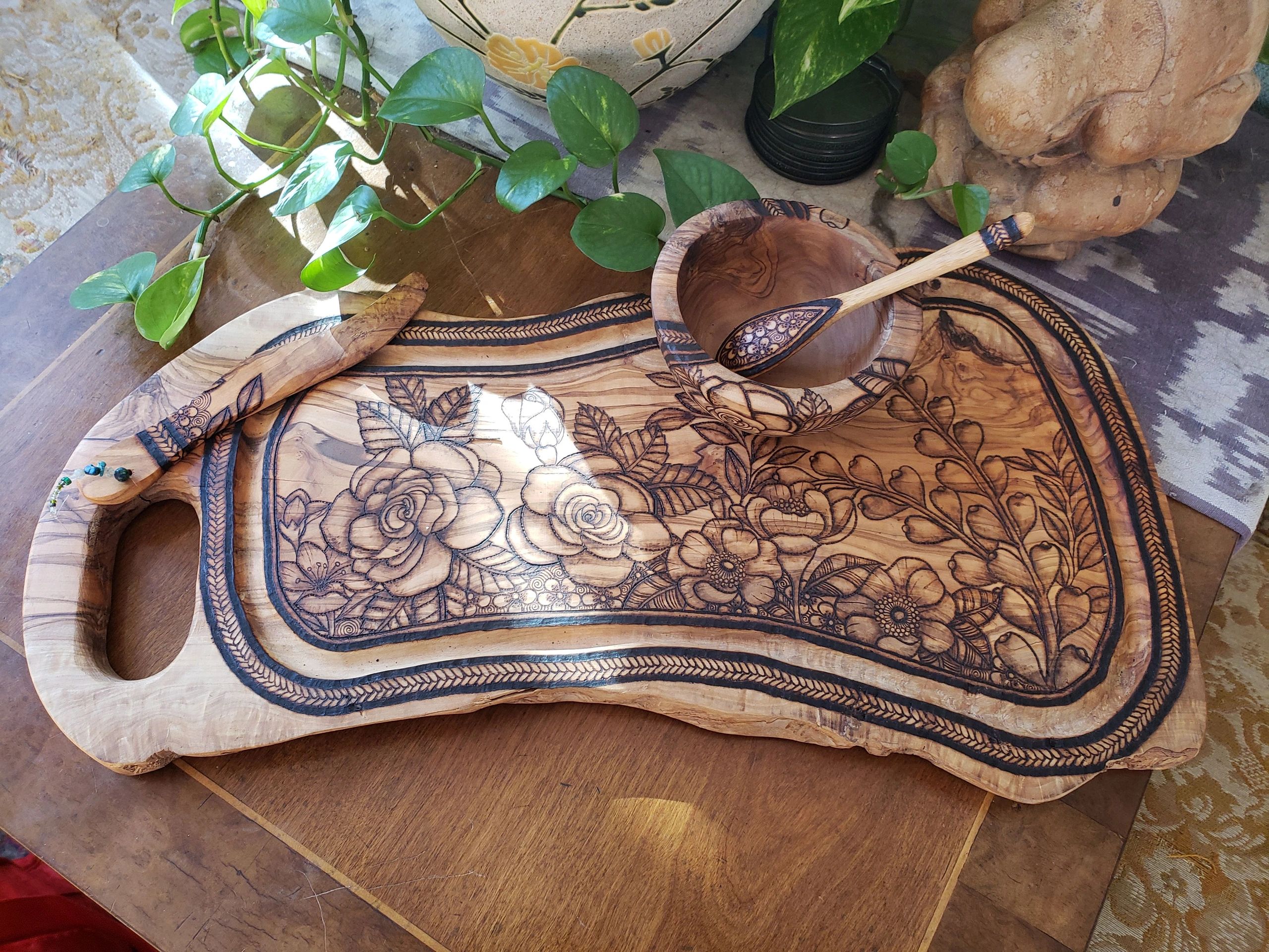 Charcuterie set with floral wood burned design